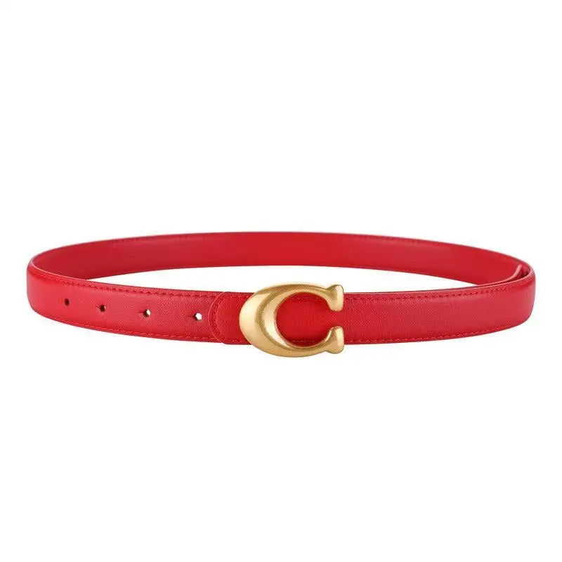 Red faux leather belt with gold C-shaped buckle from Irine Faux Leather product line