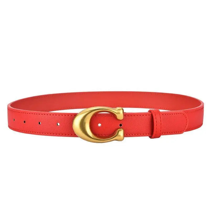 Red faux leather belt with gold C-shaped buckle from Irine Faux Leather collection
