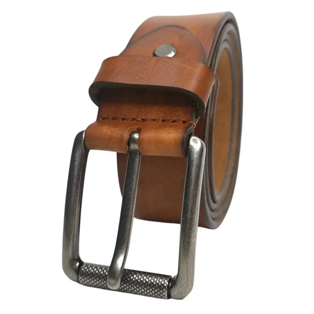 Full-grain leather belt in brown with silver buckle for stylish men’s accessories
