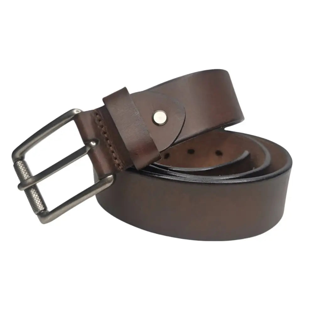 Full-grain leather belt in brown with metal buckle for a sophisticated look