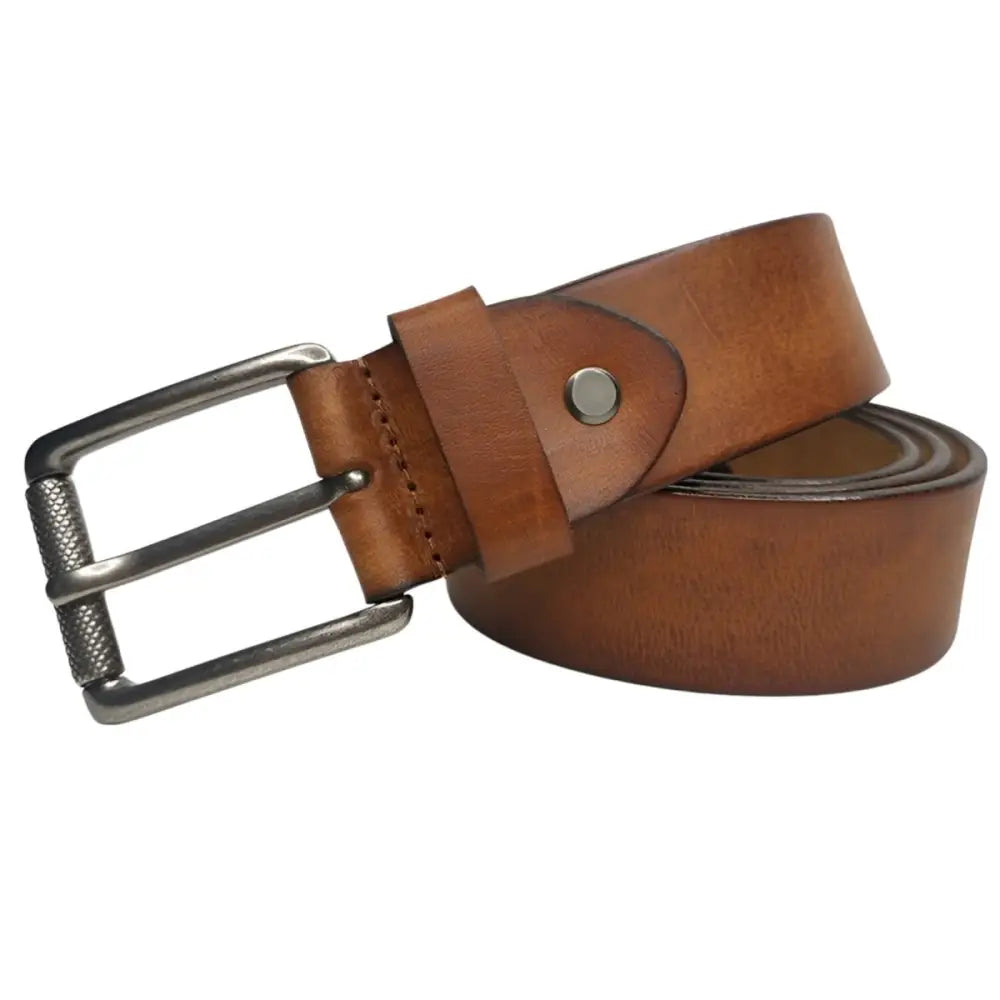 Full-grain leather belt in brown with silver buckle for men and women