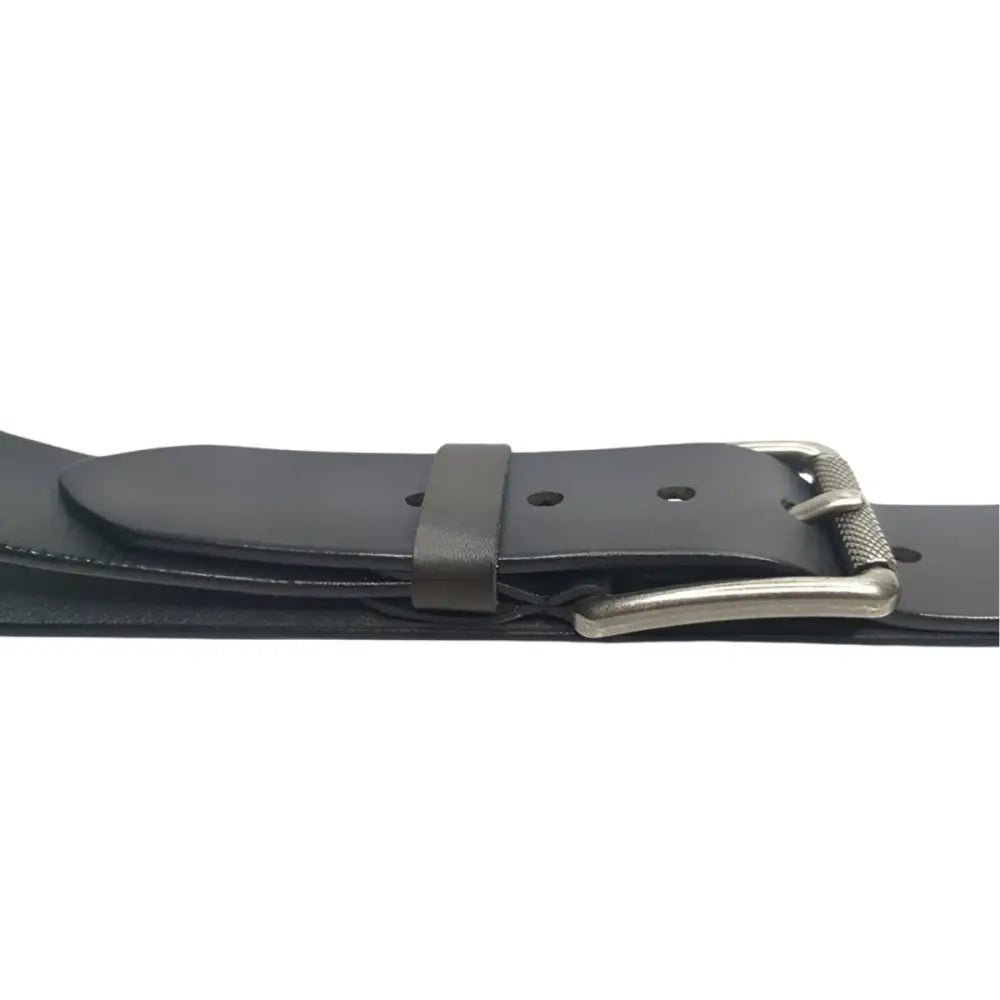 Full-grain leather belt in black with silver buckle for durable style