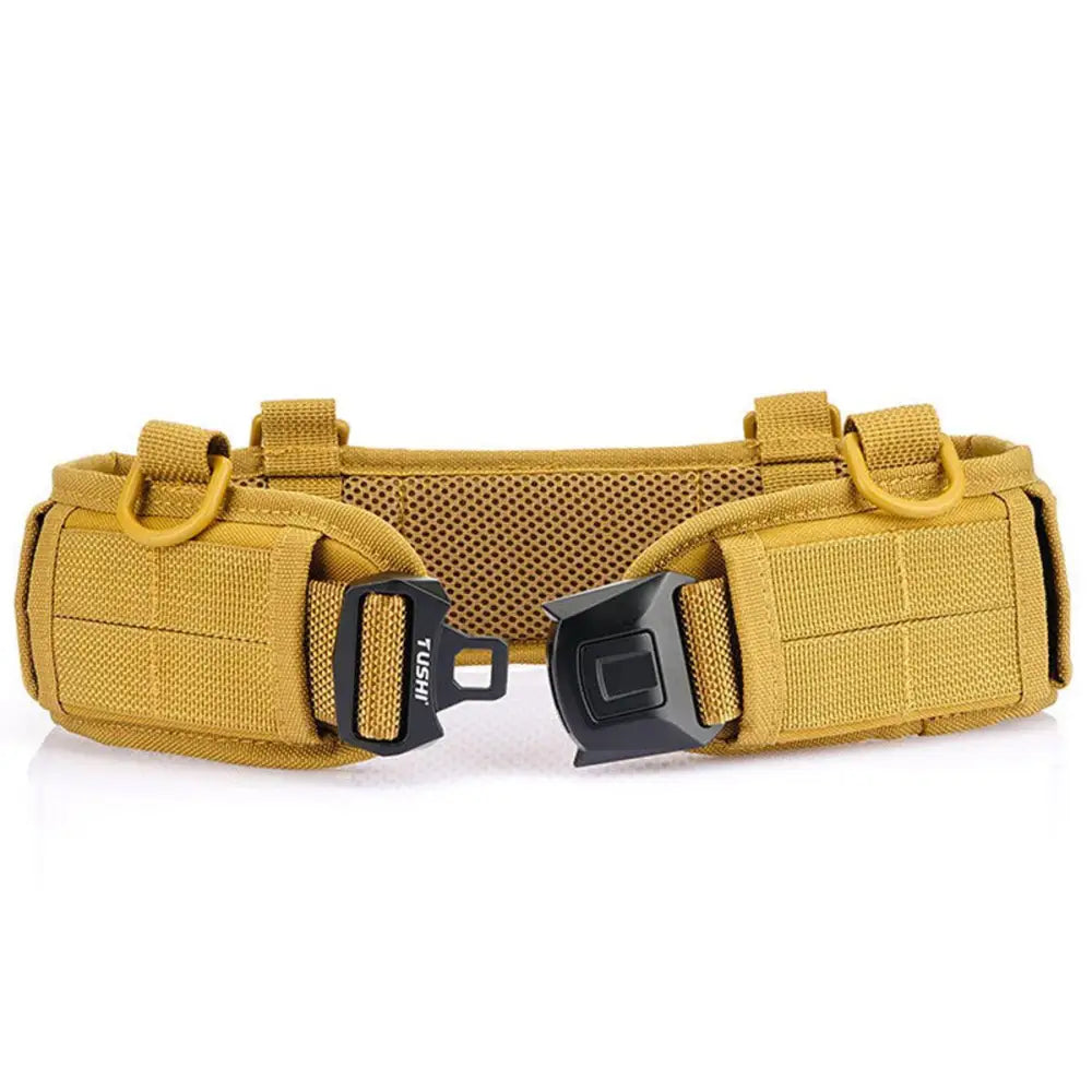 Skeggi Molle tactical belt in tan with black buckle and D-Rings for military use