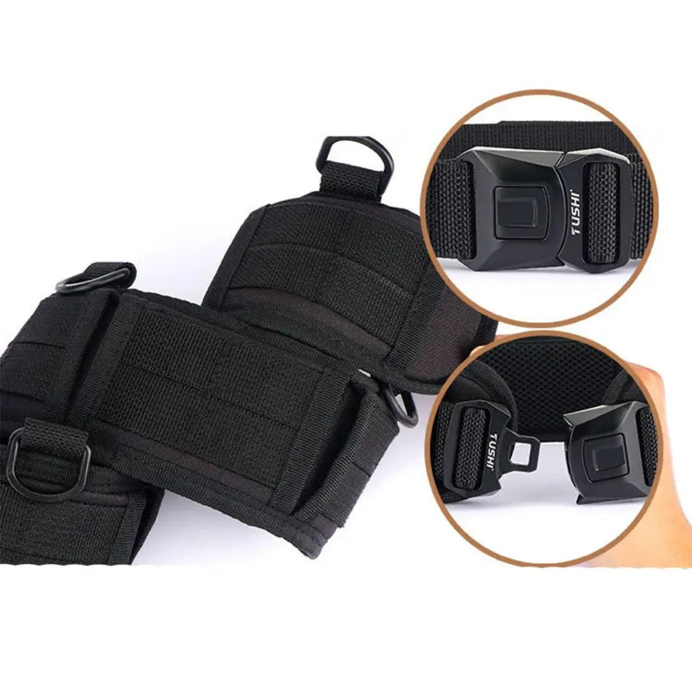Skeggi Molle tactical belt in black with pouches, buckle, and D-rings for outdoor use