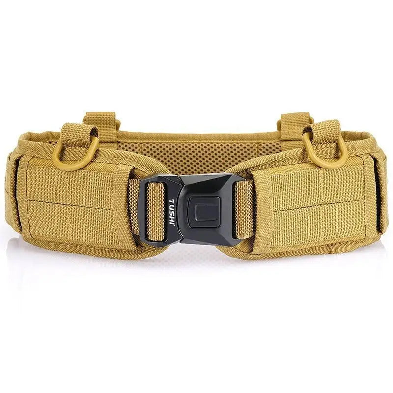 Skeggi Molle tactical belt with tan color and black buckle for heavy-duty equipment