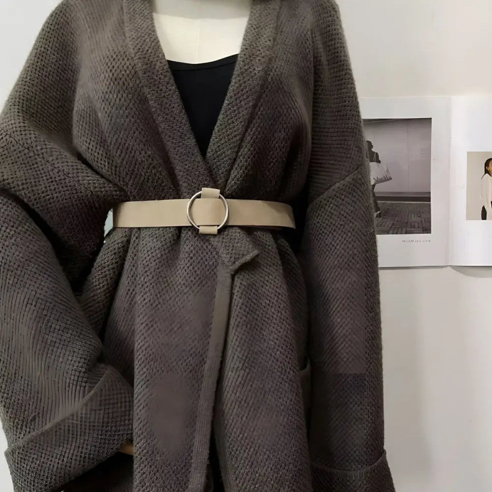 Gray knit cardigan with belt from Taupe and Brown Belts with Silver or Circular Buckles collection