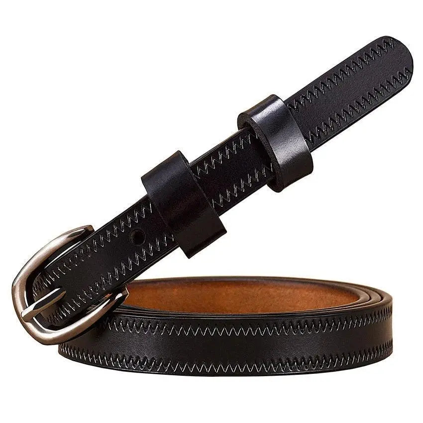 Seianthi Belt black leather belt with silver buckle and zigzag stitching