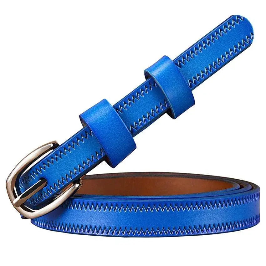 Seianthi Belt Blue Leather Belt with Silver Buckle and Zigzag Stitching for Stylish Wear