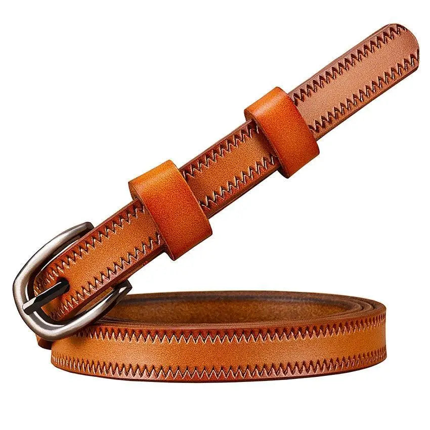 Seianthi belt featuring brown leather and silver buckle with zigzag stitching