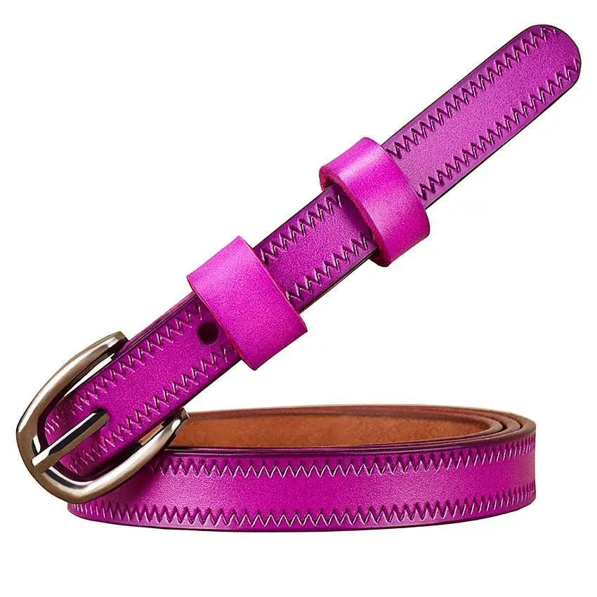 Seianthi Belt Magenta leather belt with silver buckle and zigzag stitching
