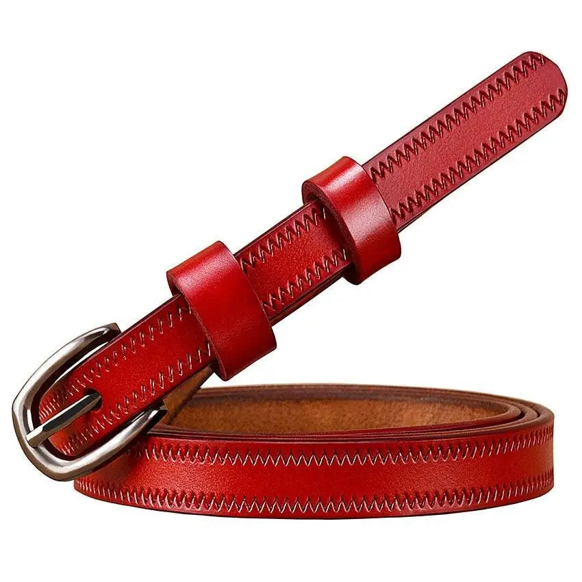 Seianthi Belt Red leather belt with silver buckle and colorful zigzag stitching