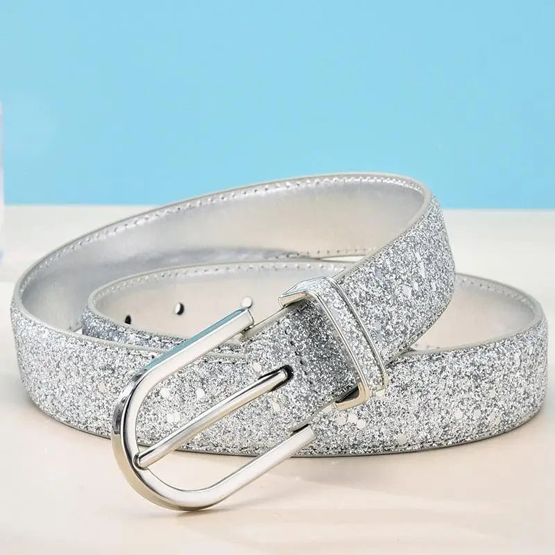 Sparkly silver belt with a metal buckle from Sparkly Silver and Gold Belts collection