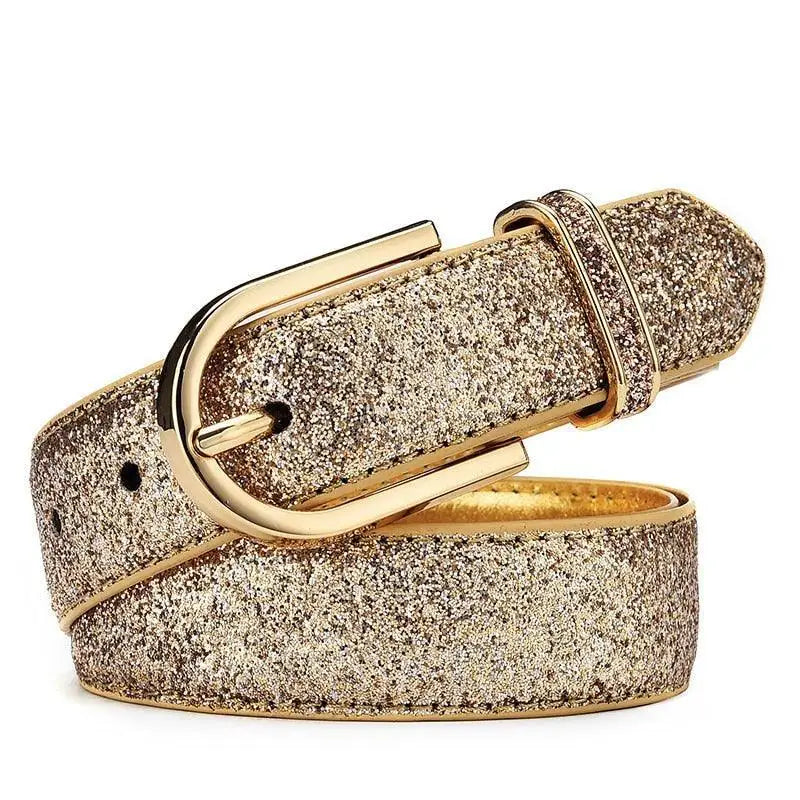 Sparkly gold belt with a gold buckle from Sparkly Silver and Gold Belts with Gold Buckle Variations