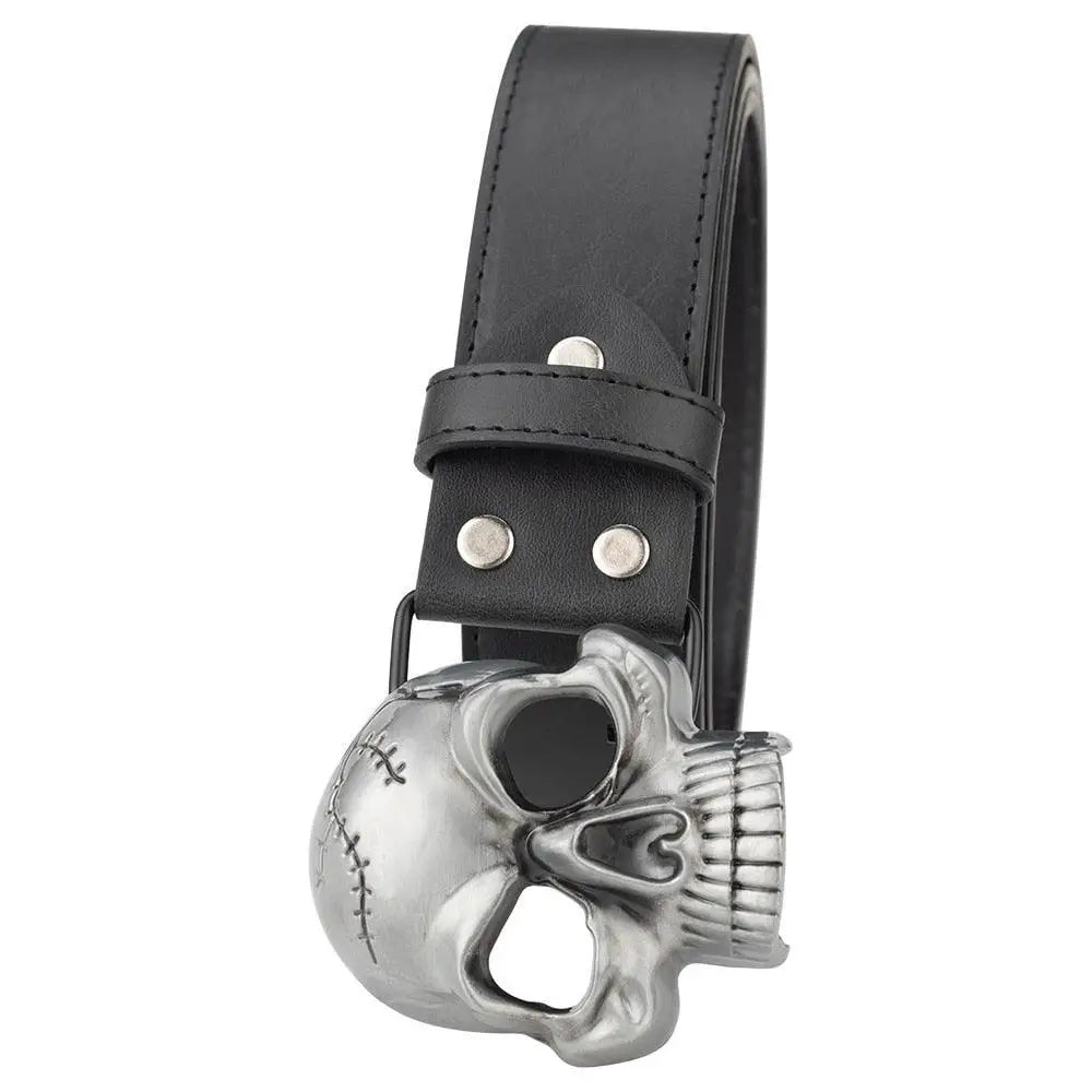 Black leather belt with skull buckle, ideal for stylish belt offers