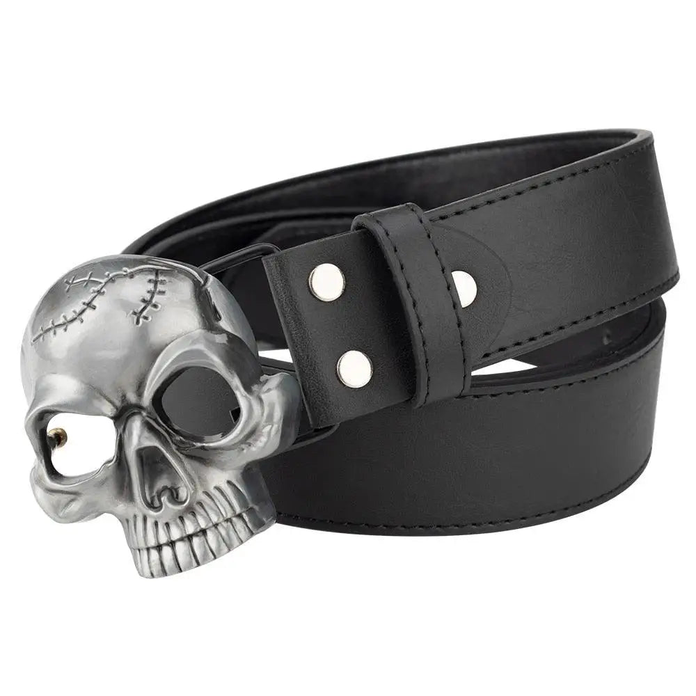 Black leather belt with skull buckle for stylish belt offers and fashion appeal