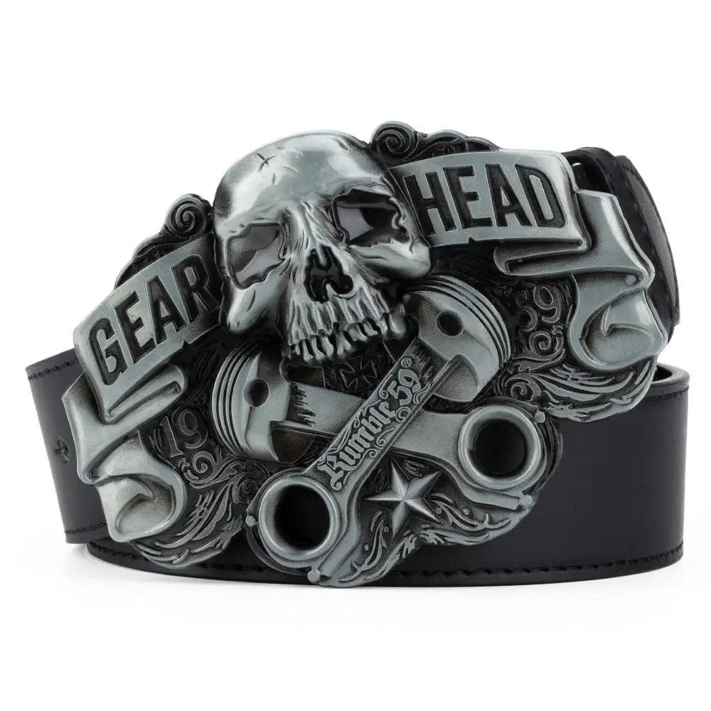 Black leather belt featuring a skull and engine parts buckle for a bold fashion statement