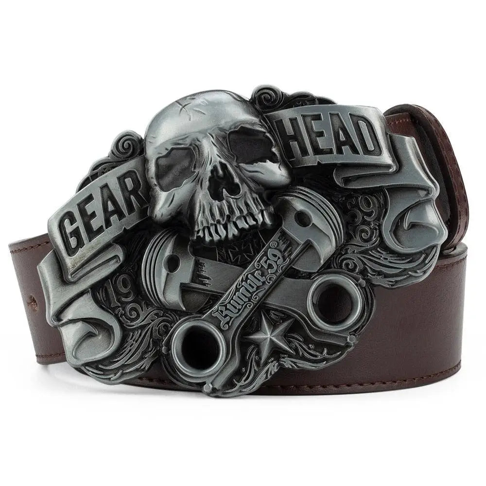 Black leather belt featuring a skull and engine parts buckle for a rugged style
