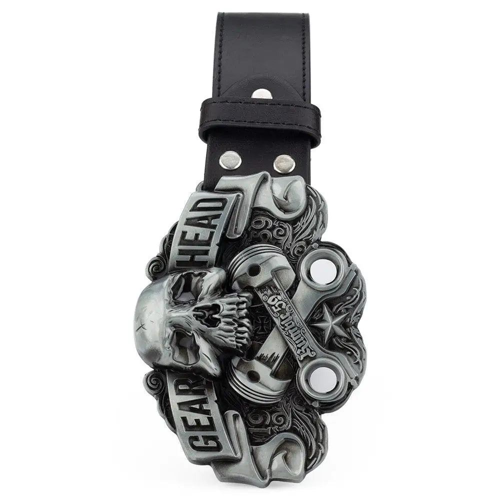 Black leather belt featuring a skull and engine parts buckle for a rugged look