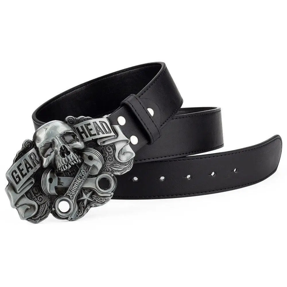 Black leather belt featuring a skull and engine parts buckle displayed prominently