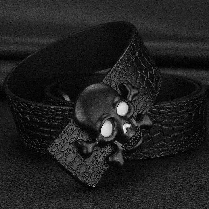 Black crocodile-patterned belt with skull buckle for Skull Fang Belt and Fang Belt styles