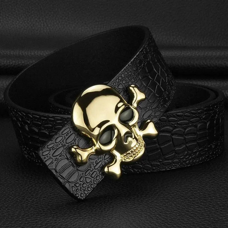 Black crocodile-patterned skull fang belt with gold skull buckle for skull fang belt style