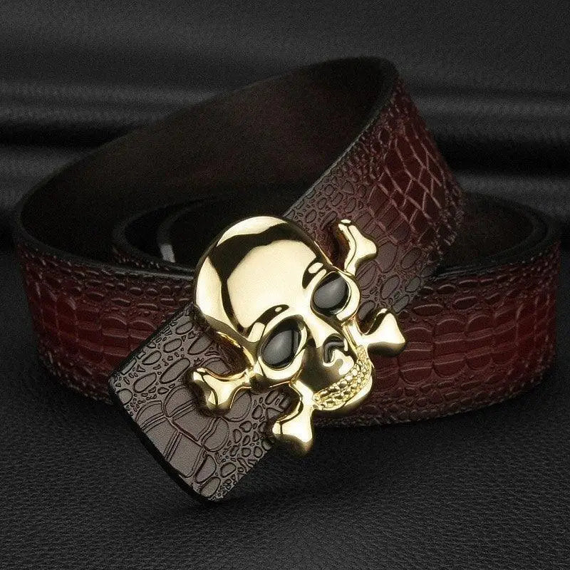 Brown leather belt with gold skull buckle for Skull Fang and Fang Belt collections