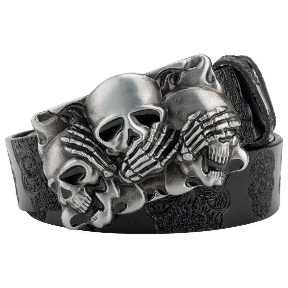 Black Leather Belt with Skull Buckle featuring embossed Skull Pattern for a bold style