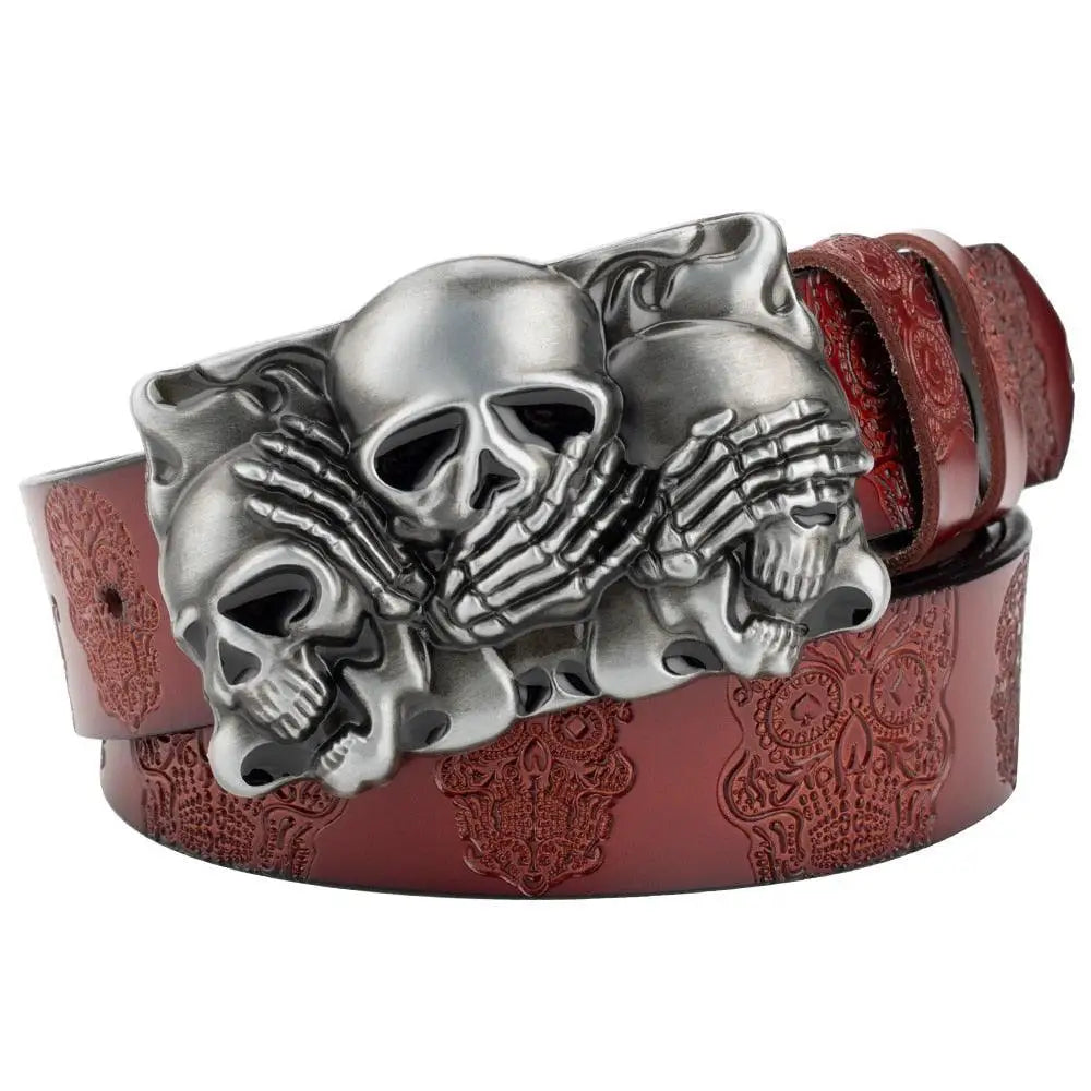 Maroon leather belt with skull buckle and embossed skull pattern for stylish accessory