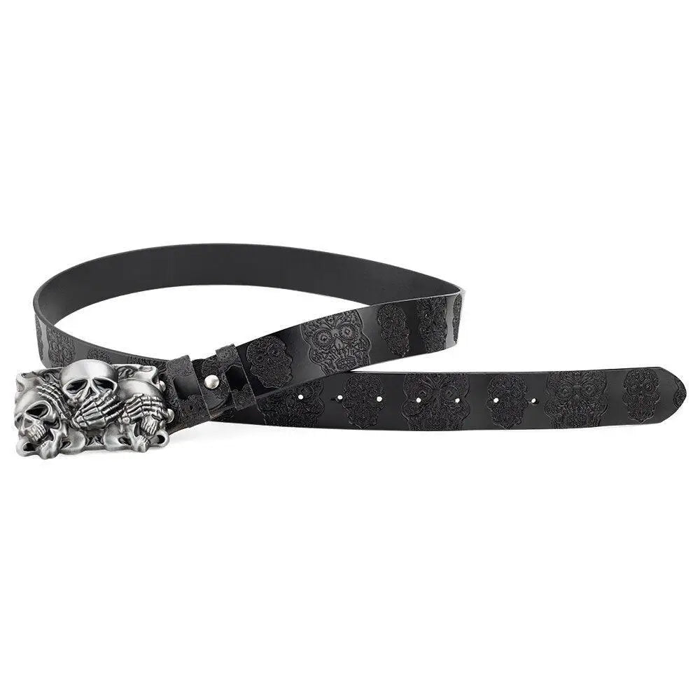 Black leather belt with skull buckle and embossed skull pattern for a bold style