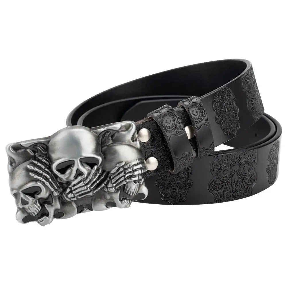 Black leather belt with skull buckle and embossed skull pattern for fashionable accessories