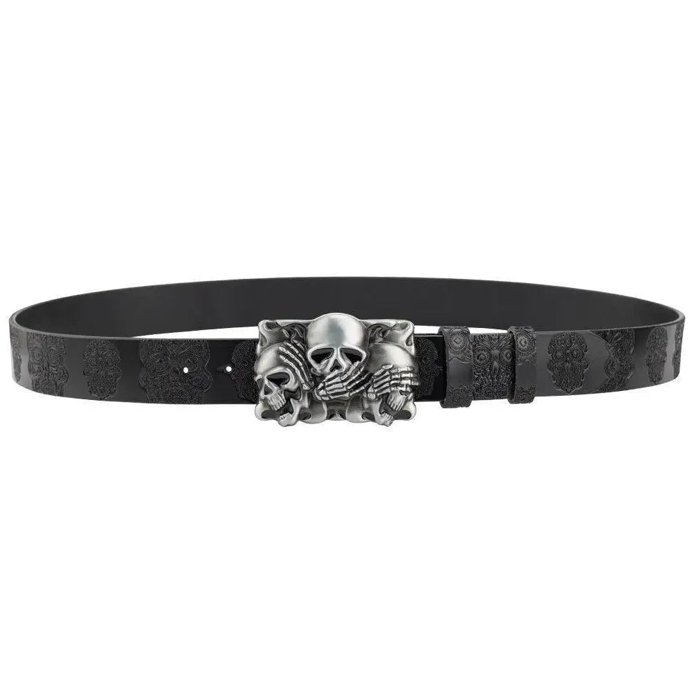 Black Leather Belt with Skull Buckle and Embossed Skull Pattern for stylish accessories