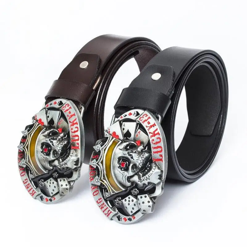 Black leather skull head belt with bowed skull buckles for a stylish head belt accessory