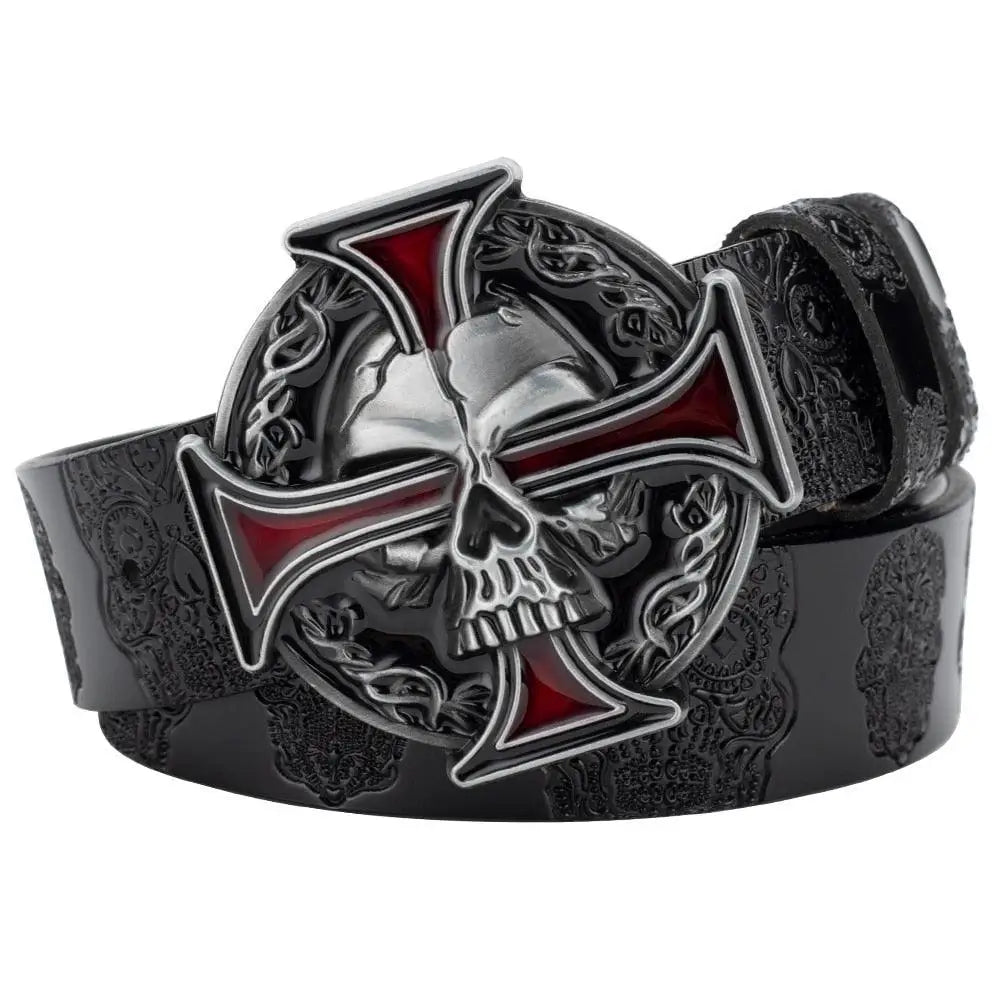 Black leather belt featuring a skull and cross buckle for men and women