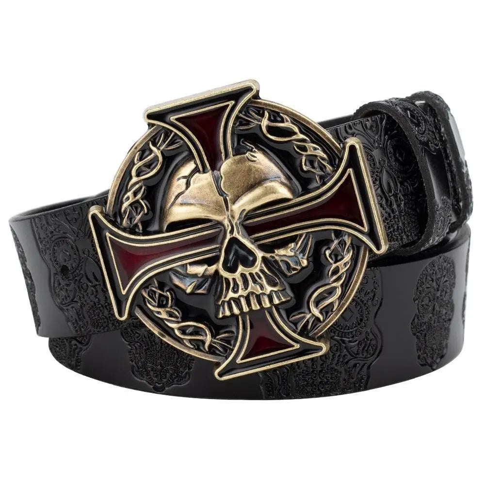 Black leather belt featuring a skull and cross buckle for stylish accessories