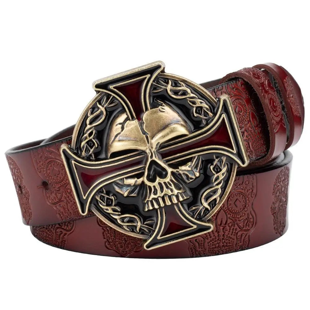Brown leather belt with skull and cross buckle for stylish accessories