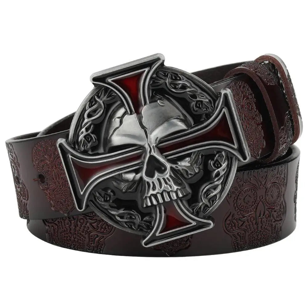 Leather belt with a skull and cross buckle available in black or brown colors