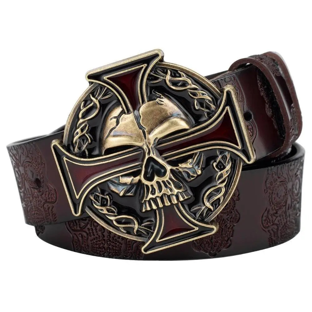 Brown leather belt with skull and cross buckle, available in black or brown