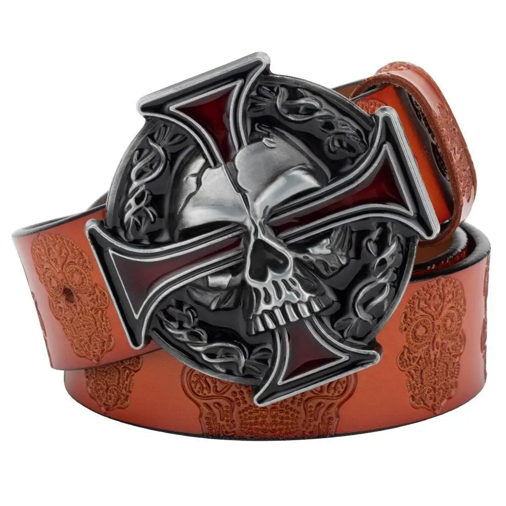 Brown leather belt with a skull and cross buckle for a stylish accessory choice