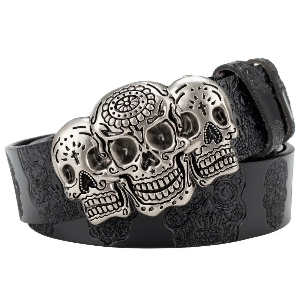 Sephiran Skull Belt with embossed skull pattern and black buckle featuring skull design
