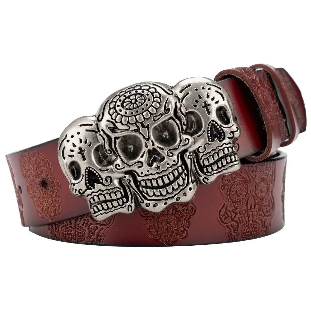 Maroon leather Sephiran Skull Belt with embossed skull pattern and buckle design