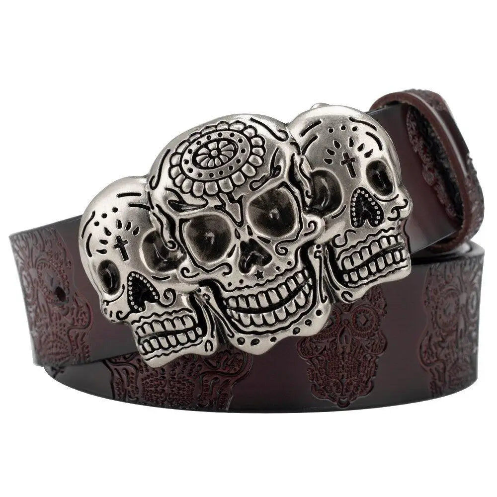 Brown leather Sephiran Skull Belt featuring embossed skull pattern and a distinctive skull buckle