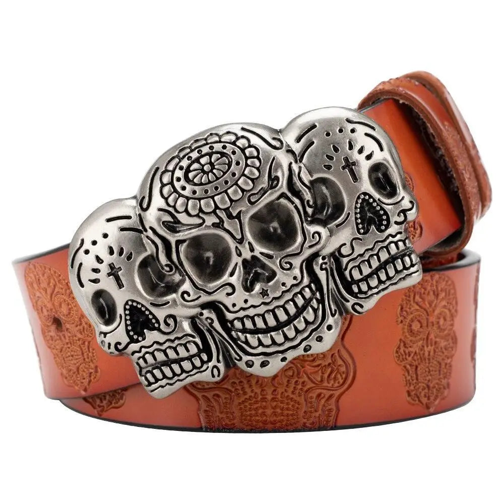 Brown leather Sephiran Skull Belt with embossed skull pattern and skull buckle for stylish wear