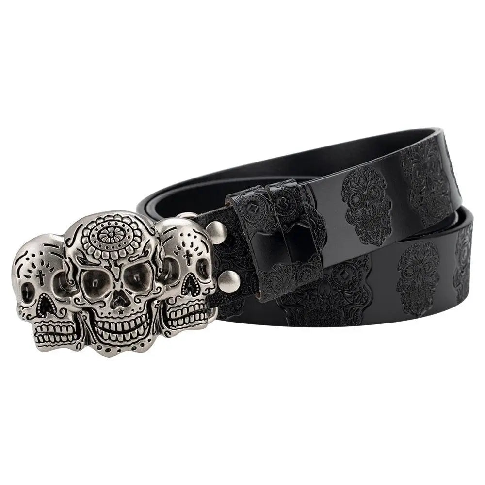 Black leather Sephiran Skull Belt with embossed skull pattern and metal buckle for style