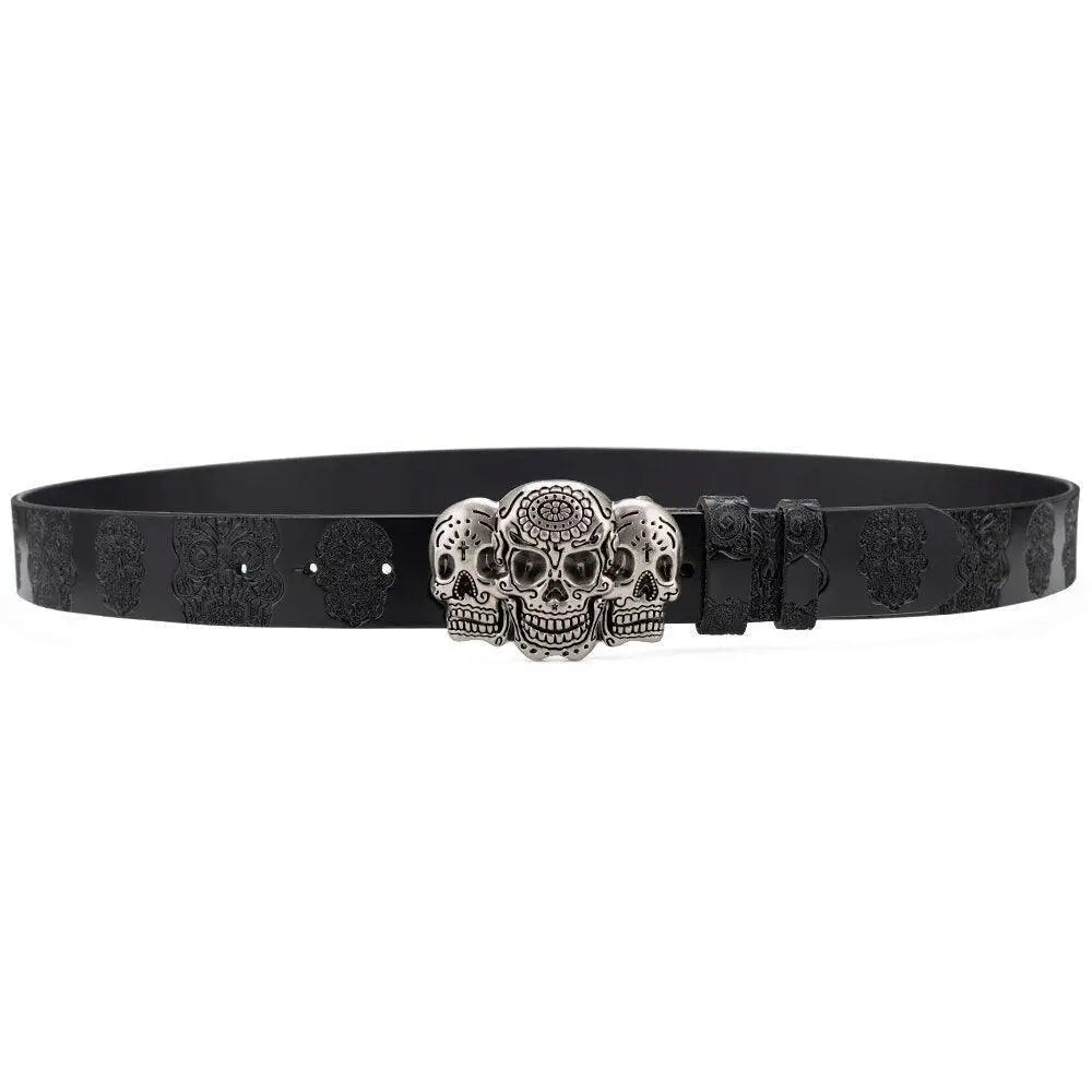 Black leather Sephiran Skull Belt with embossed skull pattern and buckle for a stylish look
