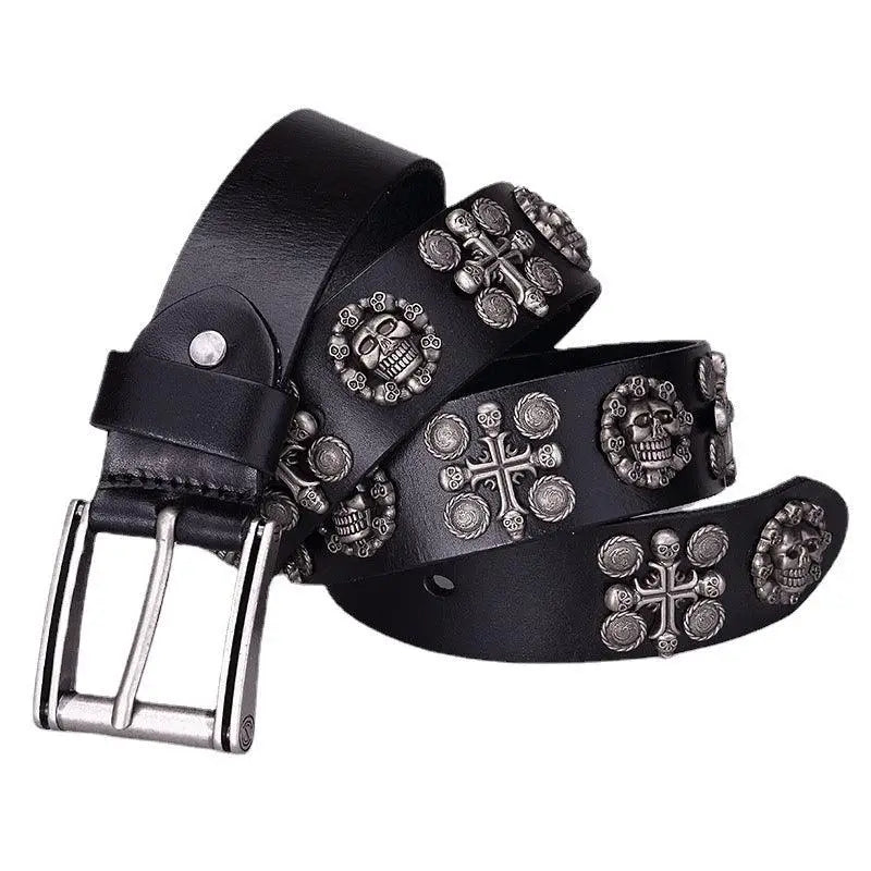 Kimo Belt with black leather and skull cross embellishments for a bold statement