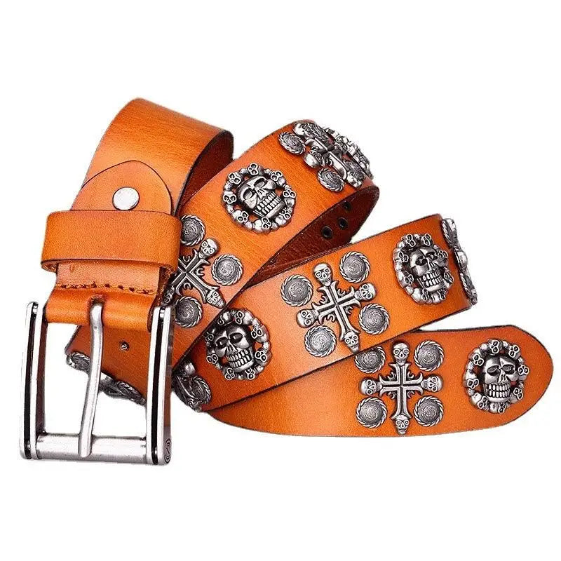 Kimo Belt with orange leather and skull embellishments for a bold fashion statement