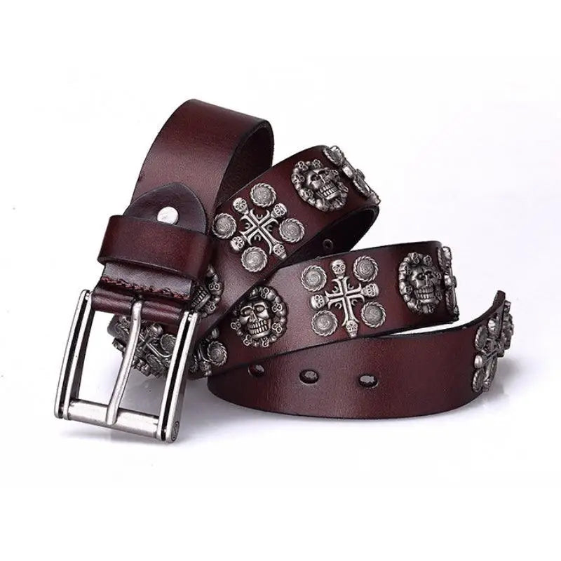 Kimo Belt with brown leather and skull embellishments for a bold fashion statement