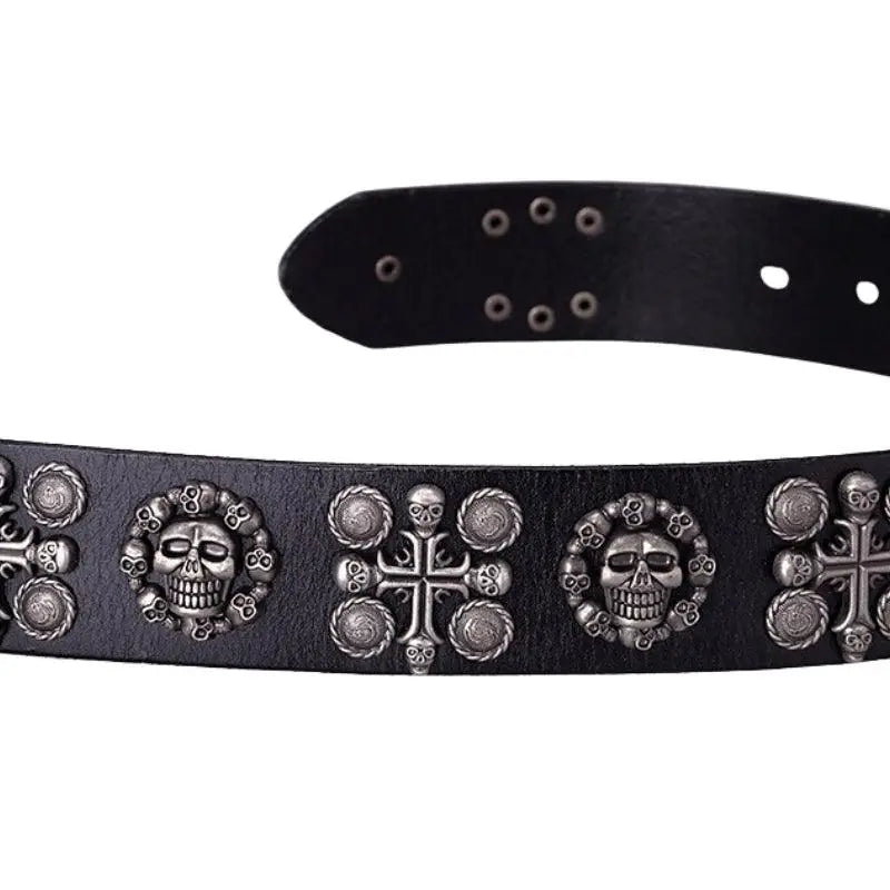 Black leather skull belt from the Kimo Belt with bold embellishments for a striking look