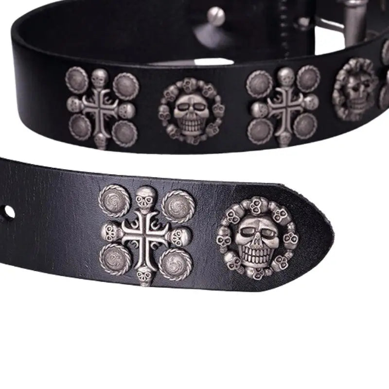 Kimo Belt with black leather and skull embellishments for a bold stylish look