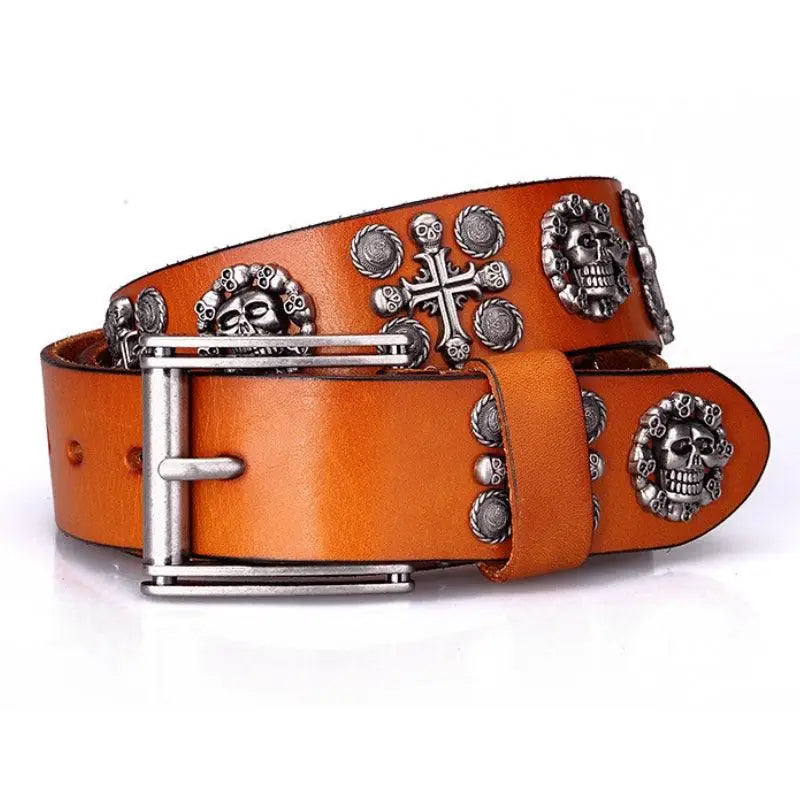 Kimo Belt with brown leather and skull cross embellishments for a bold look